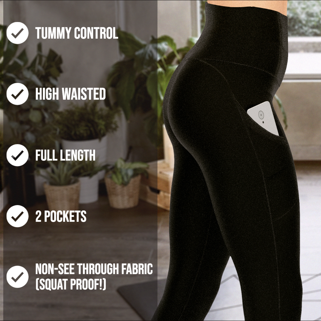 Women's Compression Leggings | High Waist Tummy Control, Smartphone Pockets, Black Full Length Yoga Pants