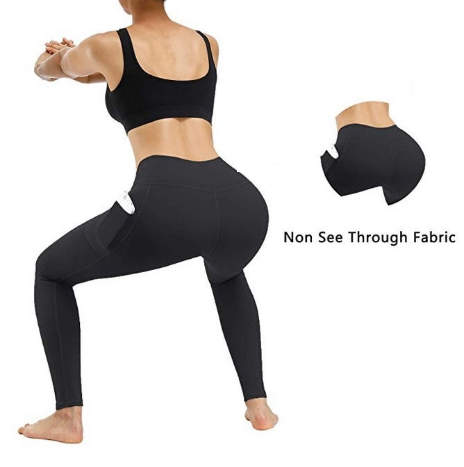 Women's Compression Leggings | High Waist Tummy Control, Smartphone Pockets, Black Full Length Yoga Pants